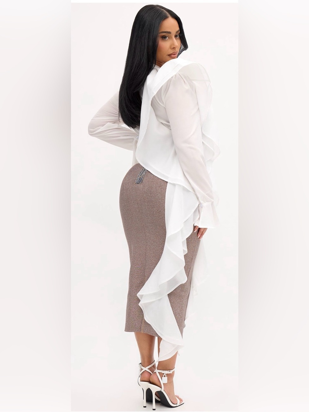 Fashion Nova Metallic Taupe Ruffle Pencil Dress - Picture 2 of 3
